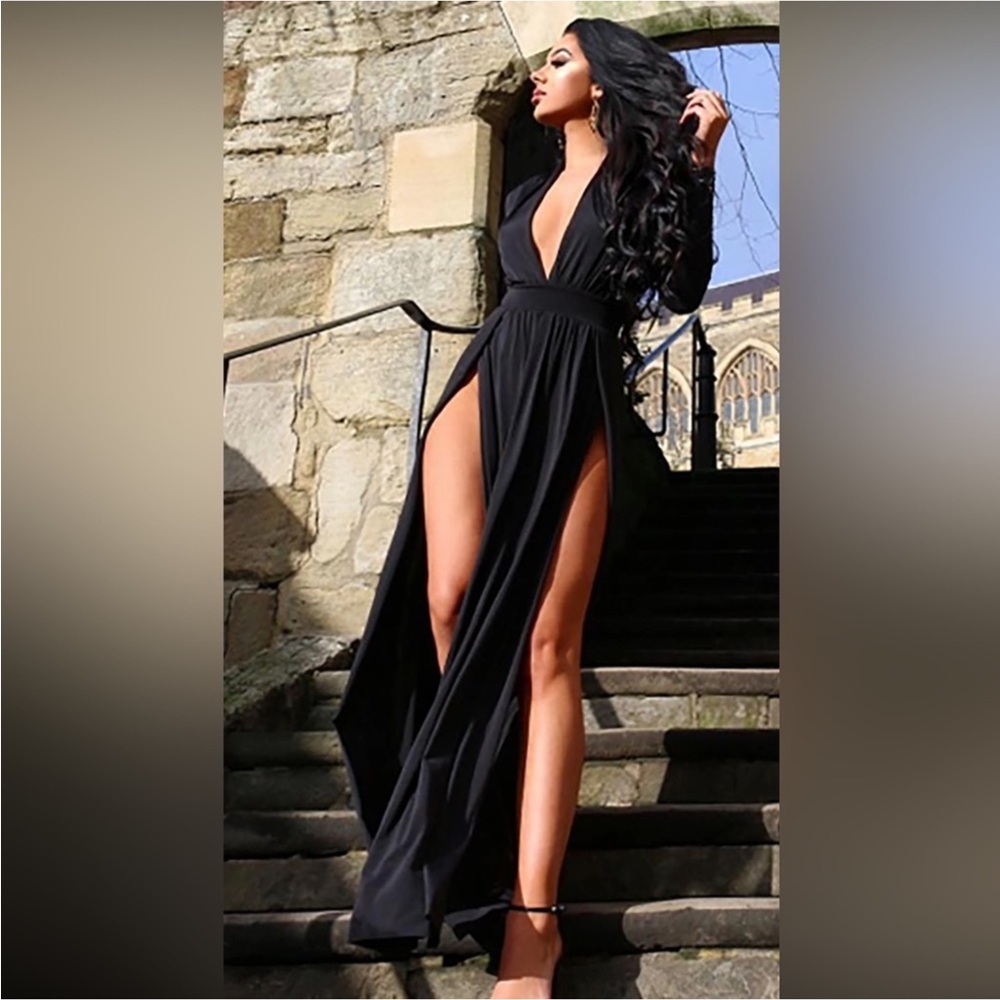 Black Spree Maxi Double Slit Dress Deep V-Neck Padded Shoulders Long Sleeve M